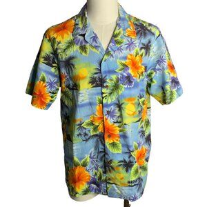 Vintage 90s RJC Button Up Hawaiian Camp Shirt L Blue Floral Short Sleeve Pocket